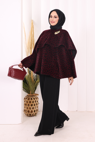 Atkı Detay Leoparlı Panço 70061-1 Bordo - Bym Fashion (1)