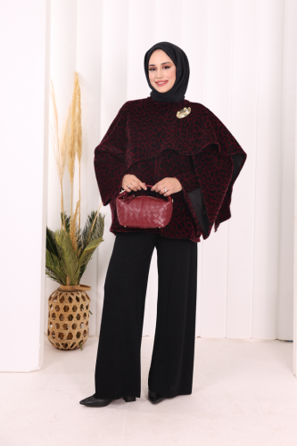 Atkı Detay Leoparlı Panço 70061-1 Bordo - Bym Fashion
