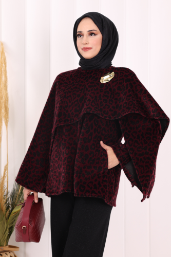 Atkı Detay Leoparlı Panço 70061-1 Bordo - 5