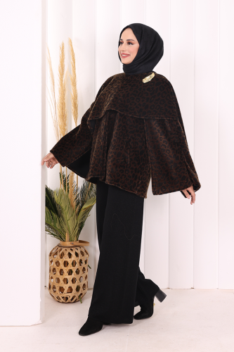 Atkı Detay Leoparlı Panço 70061-1 Kahverengi - Bym Fashion (1)