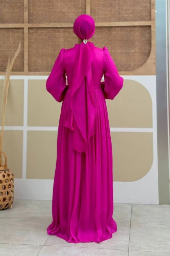 Balon Kol Pileli Abiye Elbise 7013 Fuşya - Bym Fashion (1)