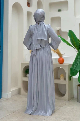 Balon Kol Pileli Abiye Elbise 7013 Gri - Bym Fashion (1)