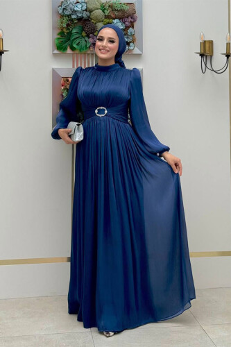 Balon Kol Pileli Abiye Elbise 7013 Lacivert - 1