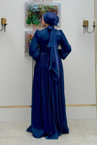 Balon Kol Pileli Abiye Elbise 7013 Lacivert - Bym Fashion (1)