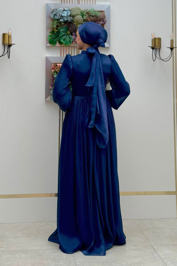 Balon Kol Pileli Abiye Elbise 7013 Lacivert - 2