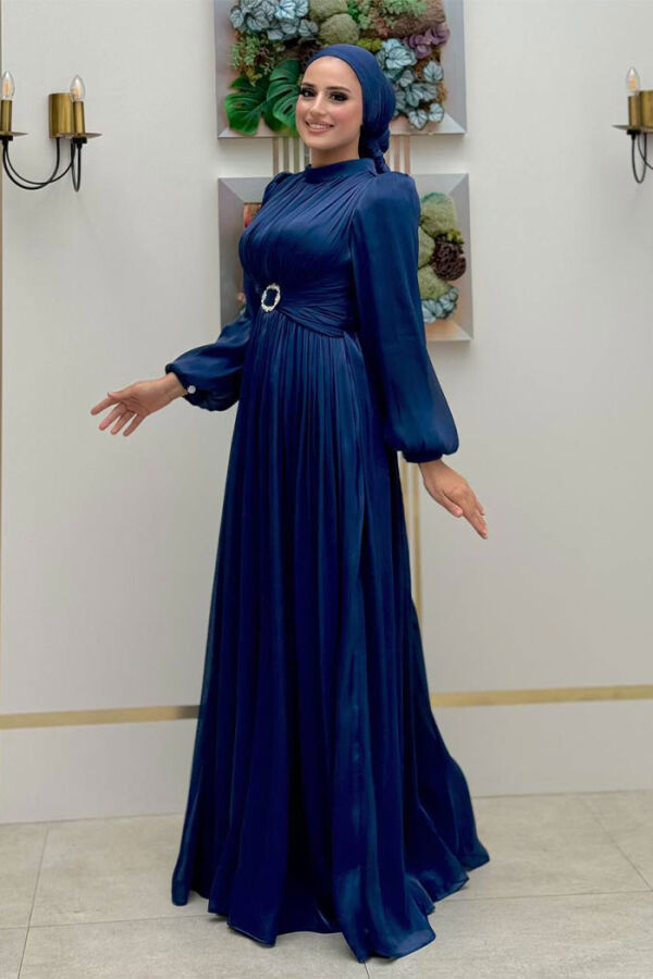Balon Kol Pileli Abiye Elbise 7013 Lacivert - 3