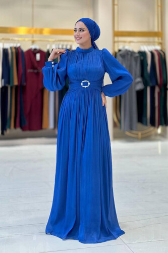 Balon Kol Pileli Abiye Elbise 7013 Saks - Bym Fashion