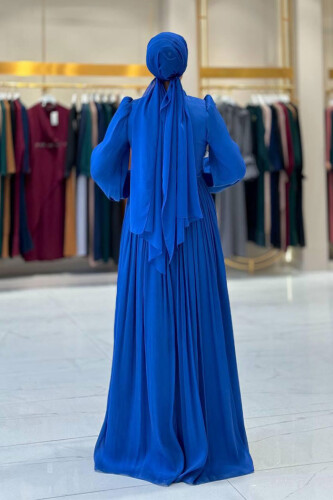 Balon Kol Pileli Abiye Elbise 7013 Saks - Bym Fashion (1)