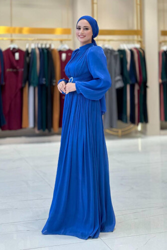 Balon Kol Pileli Abiye Elbise 7013 Saks - 3