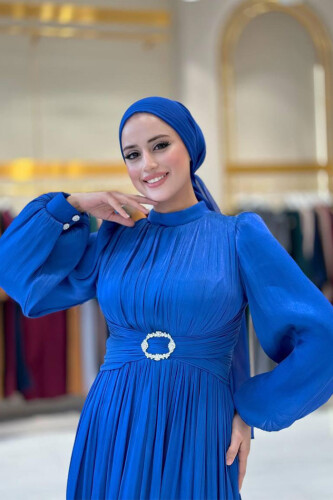 Balon Kol Pileli Abiye Elbise 7013 Saks - 4