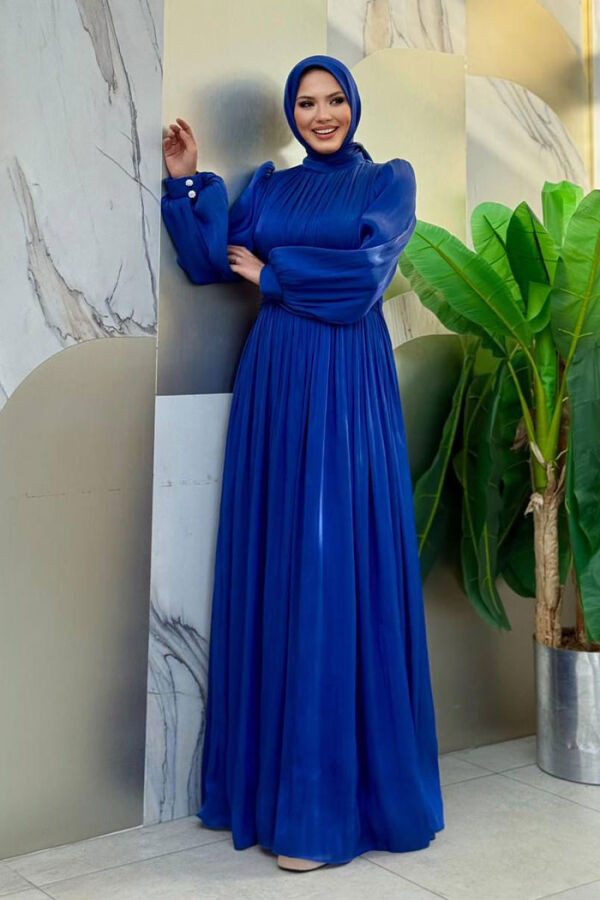 Balon Kol Pileli Abiye Elbise 7013 Saks - 6