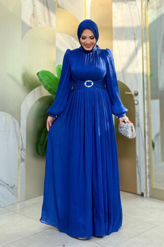 Balon Kol Pileli Abiye Elbise 7013 Saks - 7