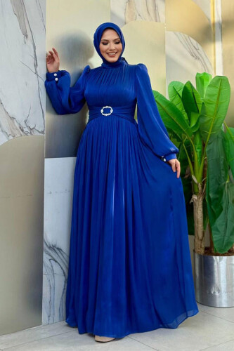 Balon Kol Pileli Abiye Elbise 7013 Saks - 5