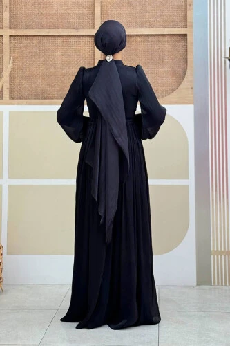 Balon Kol Pileli Abiye Elbise 7013 Siyah - Bym Fashion (1)