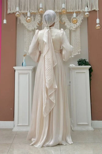 Balon Kol Pileli Abiye Elbise 7013 Taş - Bym Fashion (1)