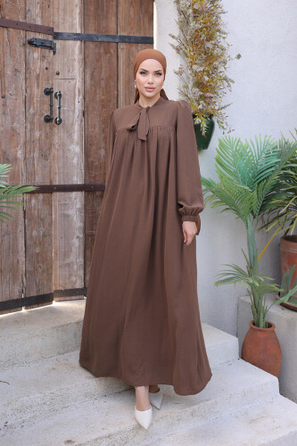 Bebekli Anne Elbisesi 3896 Kahverengi - Bym Fashion (1)