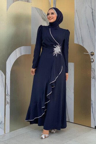 Bel Kısmı Taş İşlemeli Fırfır Görünümlü Elbise 3894 Lacivert - Bym Fashion