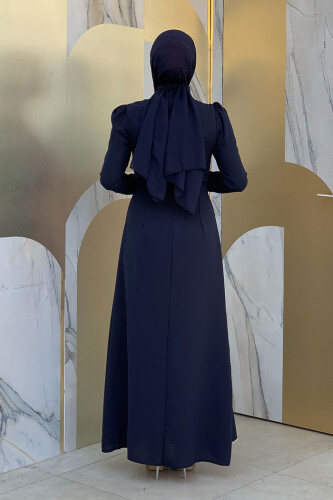 Bel Kısmı Taş İşlemeli Fırfır Görünümlü Elbise 3894 Lacivert - Bym Fashion (1)