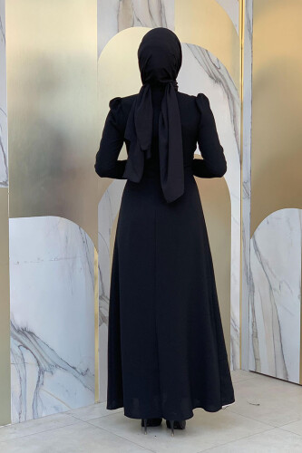 Bel Kısmı Taş İşlemeli Fırfır Görünümlü Elbise 3894 Siyah - Bym Fashion (1)