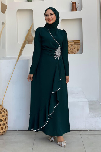 Bel Kısmı Taş İşlemeli Fırfır Görünümlü Elbise 3894 Zümrüt - Bym Fashion