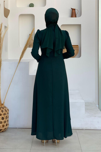 Bel Kısmı Taş İşlemeli Fırfır Görünümlü Elbise 3894 Zümrüt - Bym Fashion (1)