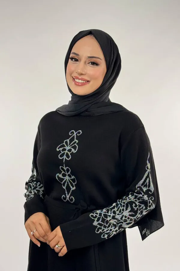 Bel Kuşaklı Desenli Triko Elbise 18304 Siyah-Gümüş - 4