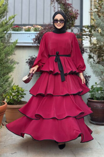 Bel Kuşaklı Kat Detay Elbise 6029 Bordo - Bym Fashion