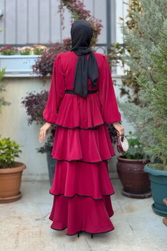 Bel Kuşaklı Kat Detay Elbise 6029 Bordo - Bym Fashion (1)