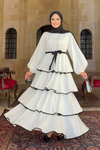 Bel Kuşaklı Kat Detay Elbise 6029 Ekru - Bym Fashion