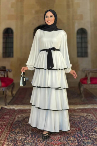 Bel Kuşaklı Kat Detay Elbise 6029 Ekru - Bym Fashion (1)