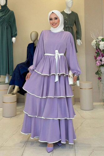 Bel Kuşaklı Kat Detay Elbise 6029 Lila - Bym Fashion
