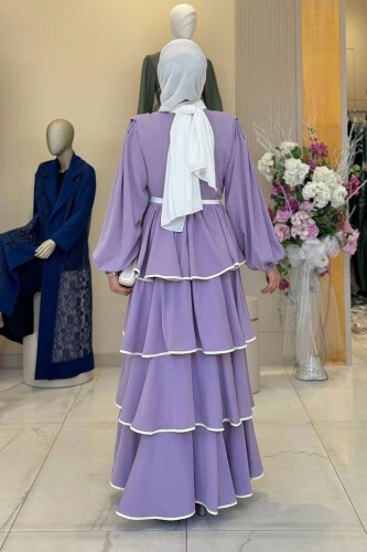 Bel Kuşaklı Kat Detay Elbise 6029 Lila - Bym Fashion (1)