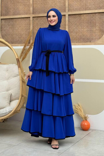 Bel Kuşaklı Kat Detay Elbise 6029 Saks - Bym Fashion