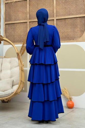 Bel Kuşaklı Kat Detay Elbise 6029 Saks - Bym Fashion (1)