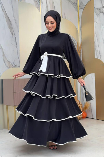 Bel Kuşaklı Kat Detay Elbise 6029 Siyah - Bym Fashion