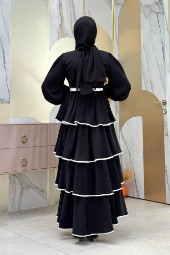 Bel Kuşaklı Kat Detay Elbise 6029 Siyah - Bym Fashion (1)