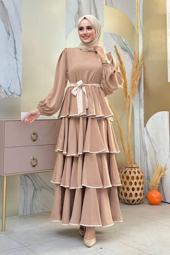 Bel Kuşaklı Kat Detay Elbise 6029 Vizon - Bym Fashion