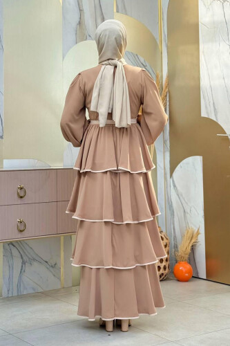 Bel Kuşaklı Kat Detay Elbise 6029 Vizon - Bym Fashion (1)