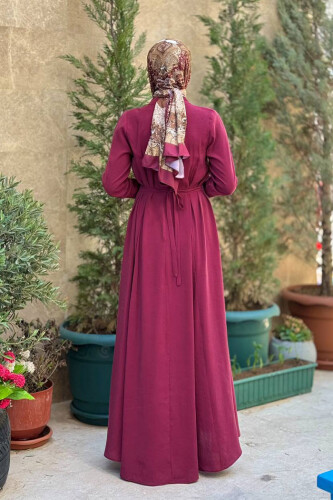 Bel Kuşaklı Kol Fermuar Detaylı Elbise 6041 Bordo - Bym Fashion (1)