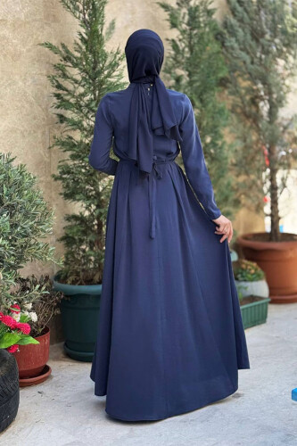 Bel Kuşaklı Kol Fermuar Detaylı Elbise 6041 Lacivert - Bym Fashion (1)