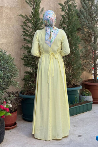 Bel Kuşaklı Kol Fermuar Detaylı Elbise 6041 Sarı - Bym Fashion (1)