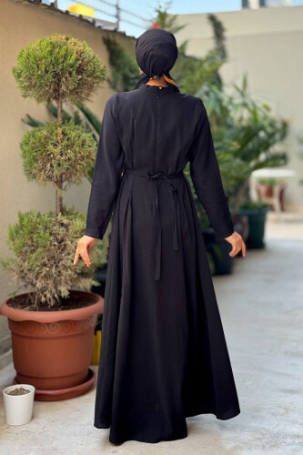 Bel Kuşaklı Kol Fermuar Detaylı Elbise 6041 Siyah - Bym Fashion (1)