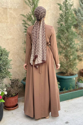 Bel Kuşaklı Kol Fermuar Detaylı Elbise 6041 Taba - Bym Fashion (1)