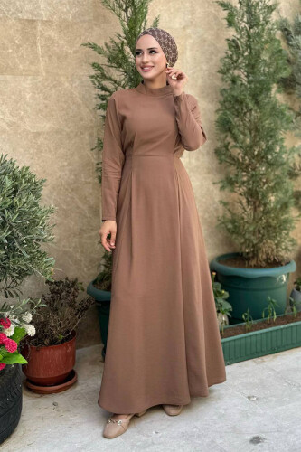 Bel Kuşaklı Kol Fermuar Detaylı Elbise 6041 Taba - Bym Fashion