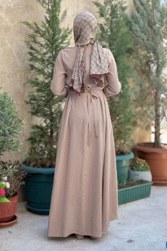 Bel Kuşaklı Kol Fermuar Detaylı Elbise 6041 Vizon - Bym Fashion (1)