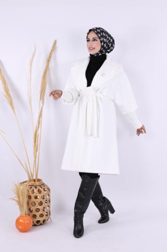 Bel Kuşaklı Yaka Taş Broş Detaylı Kaban 7874 Ekru - Bym Fashion (1)