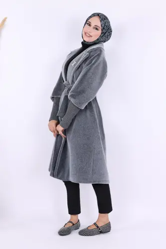 Bel Kuşaklı Yaka Taş Broş Detaylı Kaban 7874 Gri - Bym Fashion (1)