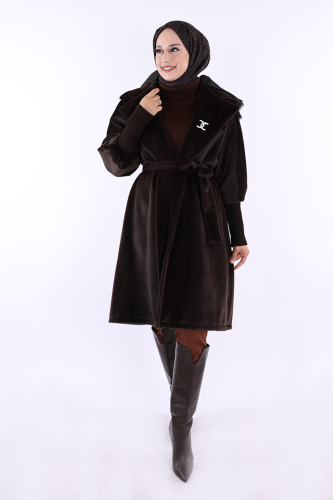 Bel Kuşaklı Yaka Taş Broş Detaylı Kaban 7874 Kahverengi - Bym Fashion