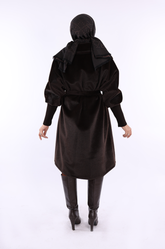 Bel Kuşaklı Yaka Taş Broş Detaylı Kaban 7874 Kahverengi - Bym Fashion (1)