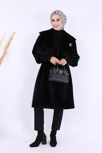 Bel Kuşaklı Yaka Taş Broş Detaylı Kaban 7874 Siyah - Bym Fashion (1)